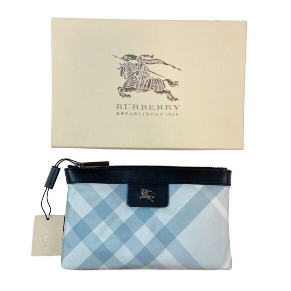Burberry Cosmetic Pouch Zip Top Porcelain Blue Plaid Leather Trim Designer - Picture 1 of 9